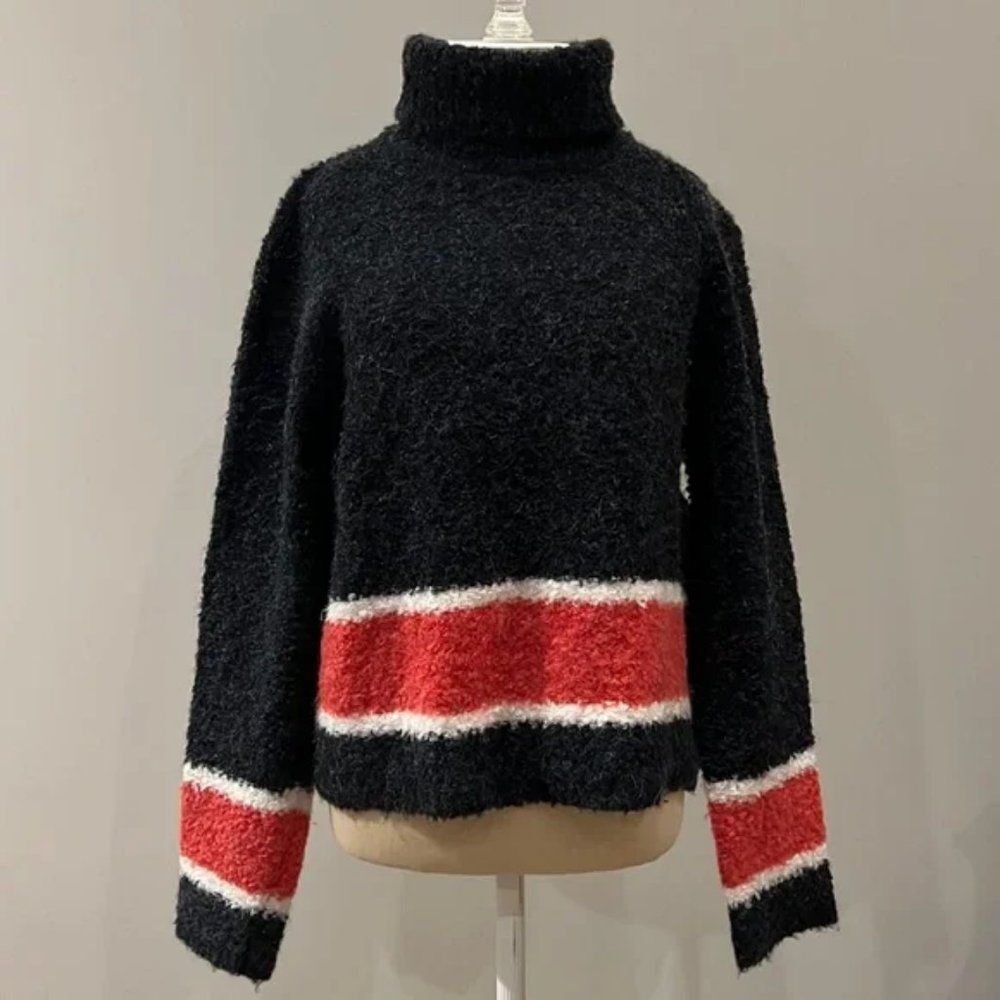 ANN TAYLOR black red striped turtleneck sweater, textured wool Medium